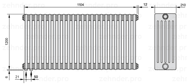 Схема (чертеж) Радиатор Zehnder Charleston 6120/24 №3370 Белый глянцевый RAL 9016